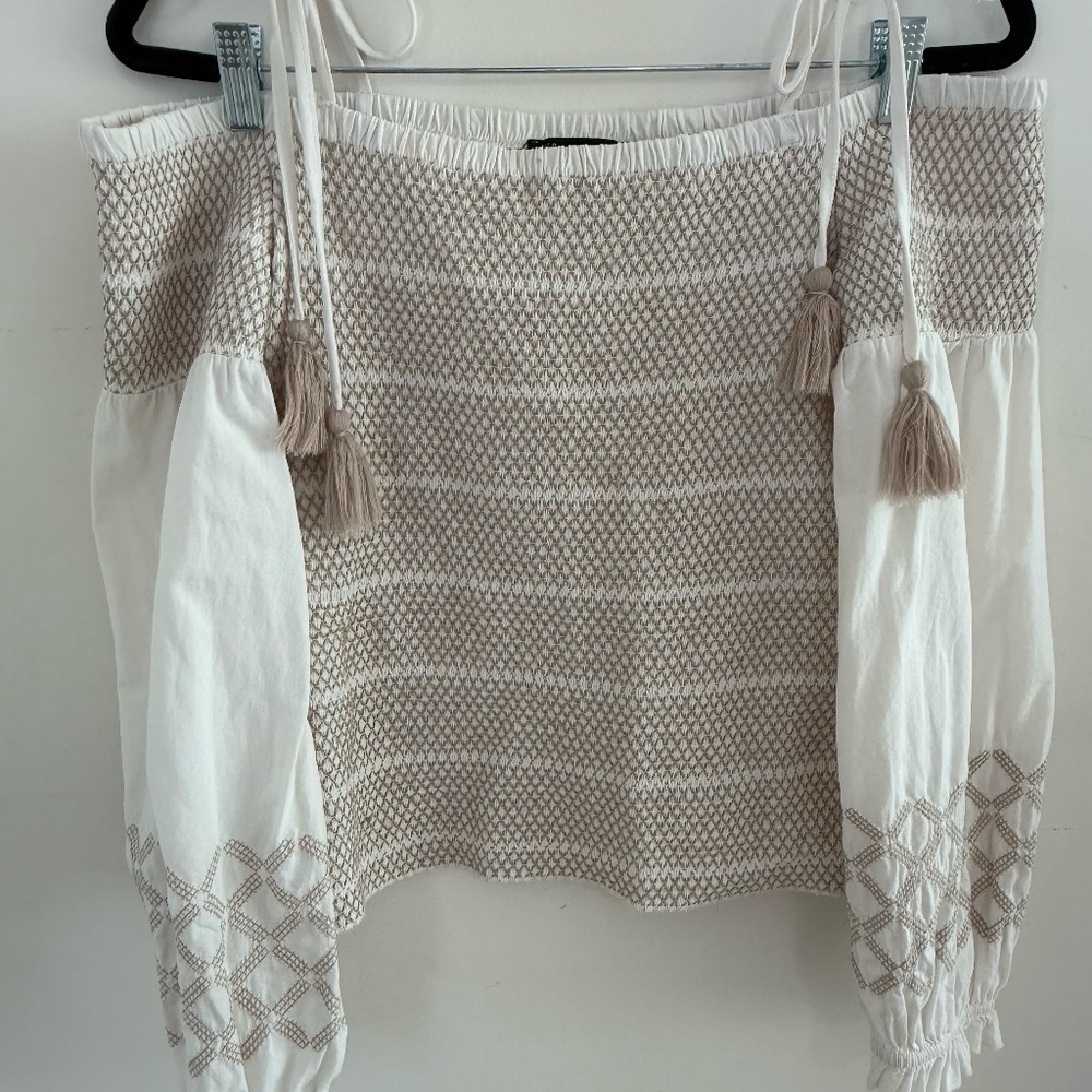Off Shoulder top with smoked chest and waist, puffy long sleeve, tassel strings - Picture 4 of 4